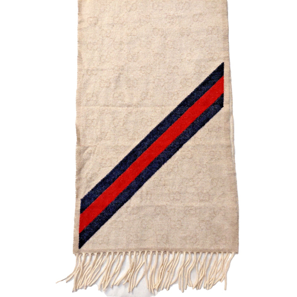 Gucci Classic Beige GG Print Blue & Red Stripe Scarf Pre-owned - Picture 7 of 14